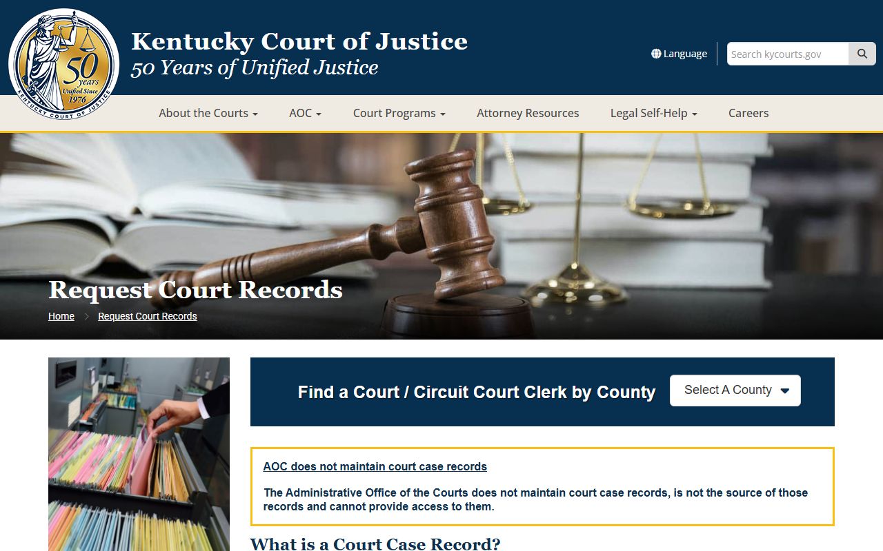 Shelby County court records request page from Kentucky Court of Justice