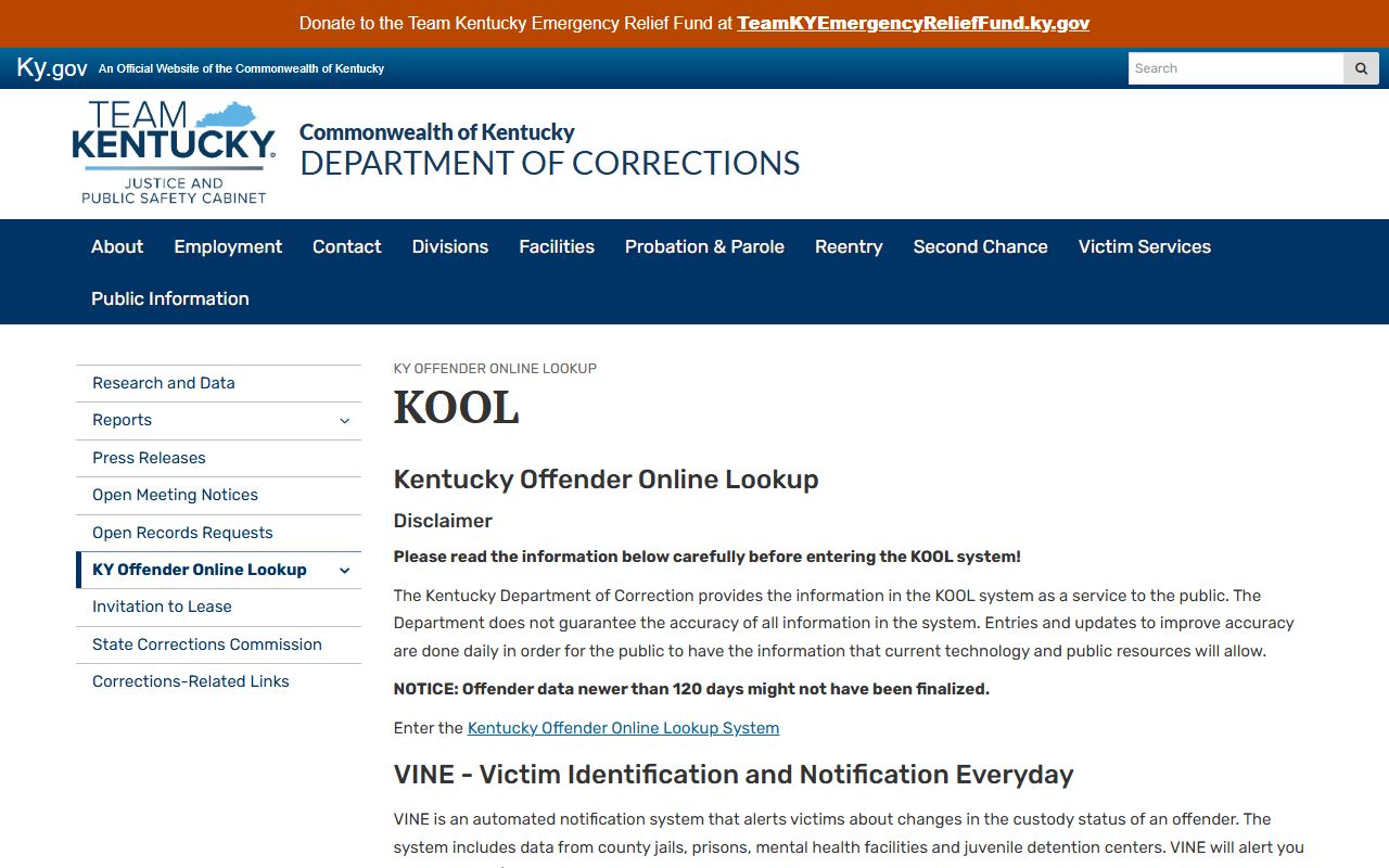 Shelby County inmate records Kentucky KOOL offender lookup information page