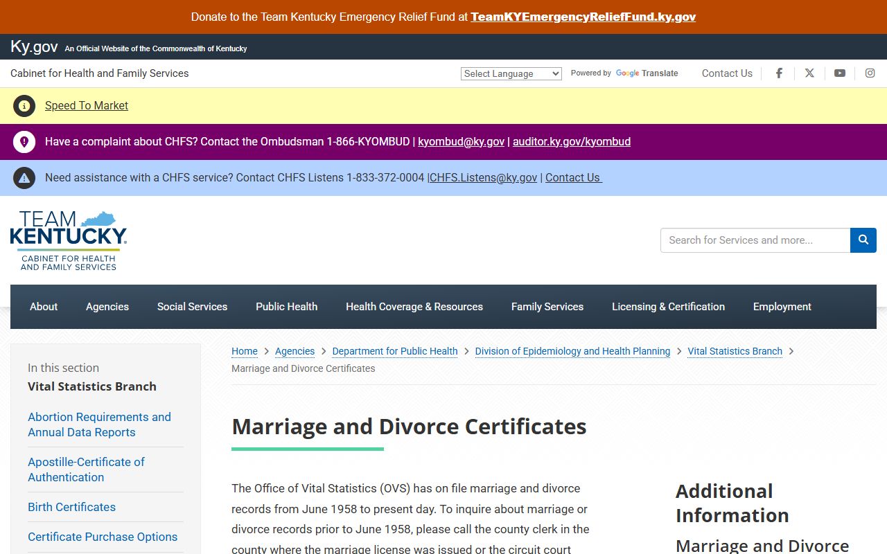 Shelby County marriage and divorce records Kentucky Vital Statistics page