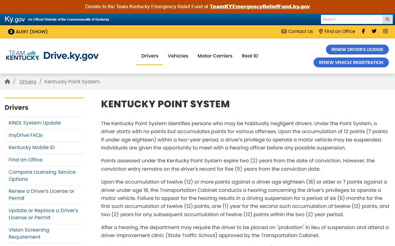 Shelby County traffic court records Kentucky point system page