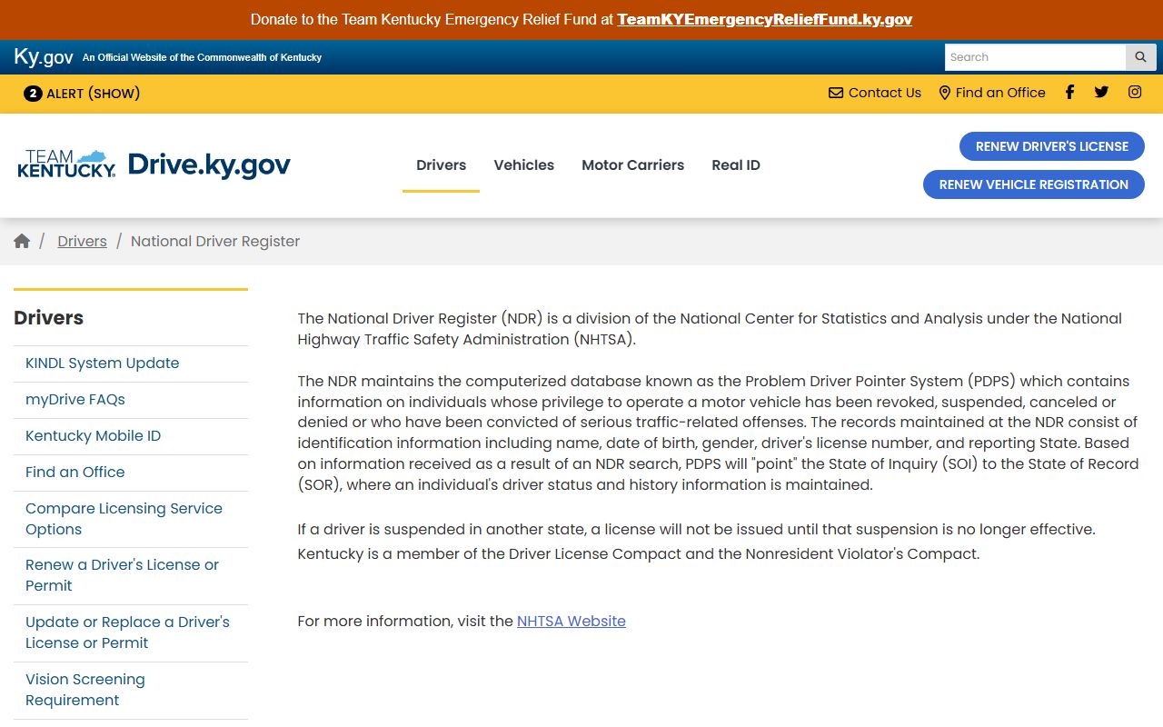 Shelby County traffic court records Kentucky National Driver Register page